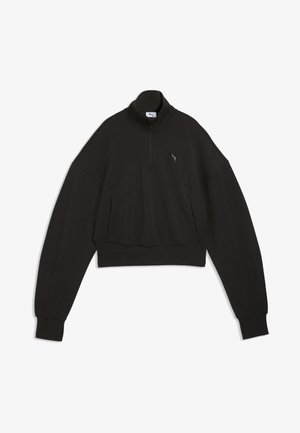 Czarny krótki sweter z długim rękawem, półzamkiem, wysokim kołnierzem i małym logo Puma na lewej piersi.