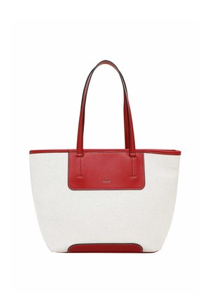 Valge kangast käekott punaste nahast sangade, äärte ja põhjaga, esipaneelil "RUE 09" logo.