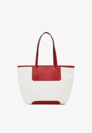 Sac fourre-tout en tissu blanc avec poignées, bordures et détail du bas en cuir rouge, arborant le logo "RUE 09" sur le panneau avant.