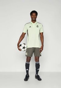 Groene poloshirt met logo, grijze shorts, zwarte sokken met witte strepen en zwarte voetbalschoenen. Houdt een zwart-wit voetbal vast.
