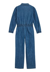 Denim kombinezon, srednje modre barve, dolgi rokavi, ovratnik, elastičen pas, široke hlače, gumbi na rokavih.