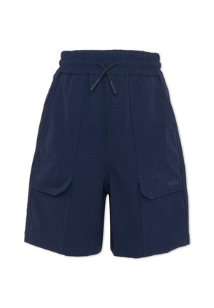 Granatowe szorty wykonane z bawełny, wyposażone w elastyczny pas z sznurkiem, dwie boczne kieszenie oraz wszytą detale z logo.