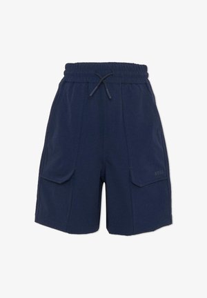 Shorts bleu marine en coton, avec une ceinture élastique à cordon de serrage, deux poches latérales et un détail de marque cousu.