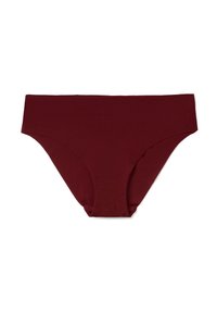 Burgunderfarbene Shorts aus weichem Stoff, mit glatter Textur, moderater Bedeckung und nahtlosem Design ohne sichtbare Nähte oder Verzierungen.