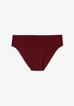 Burgundy brief made of soft fabric, featuring a smooth texture, moderate coverage, and seamless design without visible seams or embellishments.
