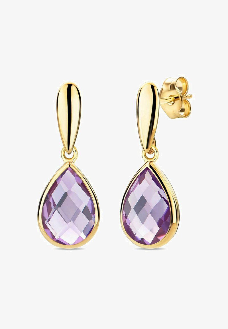 Zlaté náušnice na visenie majú tvar hrušky a sú osadené fialovým fasetovaným drahokamom. Majú hladký, lesklý povrch a jednoduché zapínanie na post.