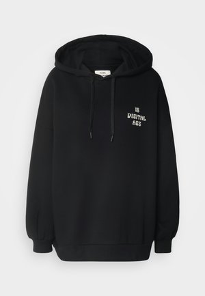 Black hooded sweatshirt made of cotton blend fabric, featuring long sleeves, ribbed cuffs, and printed text "IS DIGITAL AGE" in white.