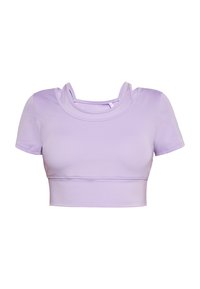 Lila zkrácený top vyrobený z hladkého materiálu. Má krátké rukávy, kulatý výstřih a vrstvené designové detaily na krku.