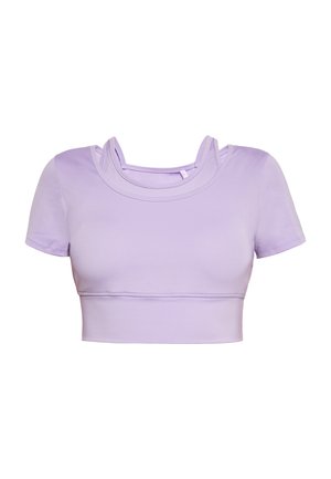 Lila Cropped Top aus glattem Stoff. Mit kurzen Ärmeln, Rundhalsausschnitt und geschichteten Designdetails am Ausschnitt.