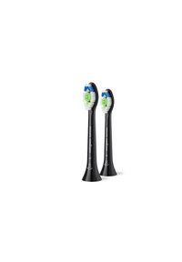 Têtes de brosse à dents électriques noires à formes arrondies, avec des poils verts, bleus et blancs, étiquetées "Philips Sonicare".