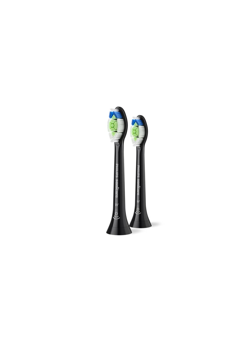 Têtes de brosse à dents électriques noires à formes arrondies, avec des poils verts, bleus et blancs, étiquetées "Philips Sonicare".