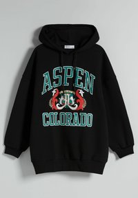 Felpa nera con cappuccio caratterizzata dalla scritta "ASPEN COLORADO" in grande lettering turchese, con dettagli decorativi rosso e bianco e design con tasca a marsupio.