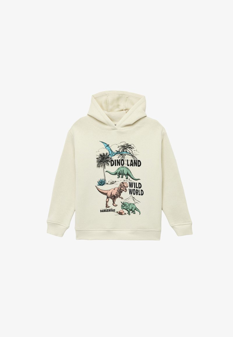 Crème-kleurige hoodie met een kangoeroezak. Voorzien van illustraties van dinosaurussen en de tekst "DINO LAND WILD WORLD DANGEROUS." Gemaakt van een katoenmix.