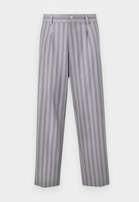 Gray striped trousers with a tailored design, featuring a button closure, pleats, and a straight leg shape. Fabric has a smooth texture.