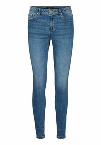 Jeans ajustados de mezclilla azul, con una cintura de altura media, diseño clásico de cinco bolsillos y sutiles detalles de costura.