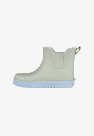 Light green ankle-high rubber rain boot with elastic side panel, pull tab at heel, and light blue textured sole.