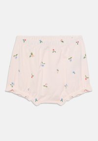 Lys rosa bomullsshorts med blomsterbroderi, med en samlet elastisk midje og volanger nederst.