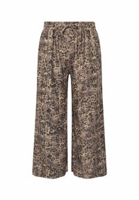 Breda byxor med leopardmönster, tillverkade av mjukt fabric, med ett elastiskt midjeband och snörning för justerbar passform, i jordnära färger.