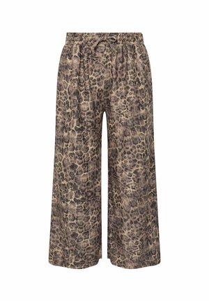 Leren broek met luipaardprint in een wijde pasvorm, gemaakt van zacht materiaal, met een elastische tailleband en een trekkoord voor een verstelbare pasvorm, in aardetinten.