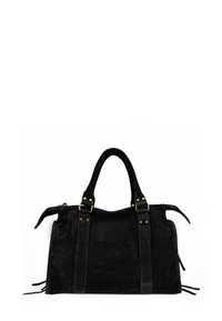 Sac en daim noir avec deux poignées, des sangles verticales avec des rivets en or et des zips sur les côtés sur un fond blanc.