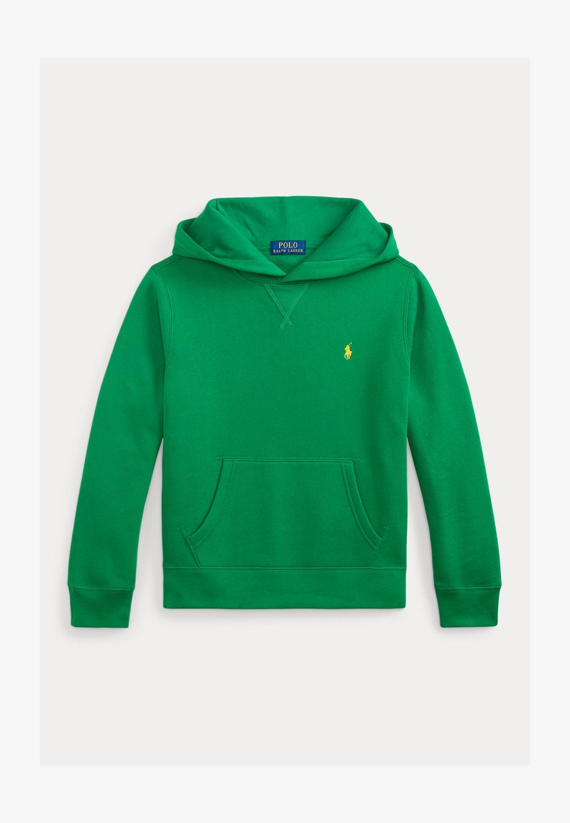 Grön pullover-hoodie i bomullsblandning med kenguruficka, ribbade muddar och en liten gul logotyp på bröstet.