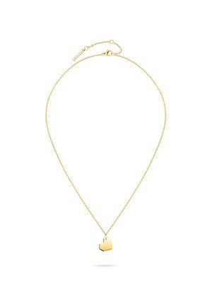 Delicate gouden ketting met een kleine, gepolijste hartvormige hanger en verstelbare sluiting op een witte achtergrond.
