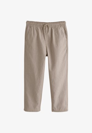 Pantaloni casual bej cu talie elastică și șnur, picioare drepte și buzunare laterale, afișați pe un fundal alb.