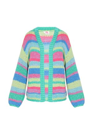 Chunky strik cardigan med lodrette striber i pink, blå, grøn og gul. Åben front med ribbet krave og brede ærmer.