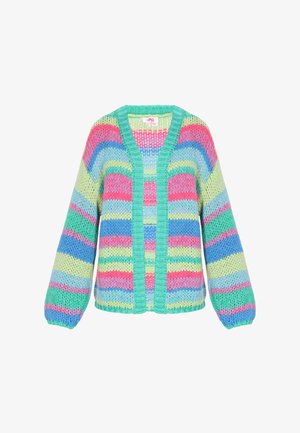 Koomus kootud kardigan, millel on vertikaalsed triibud roosa, sinise, rohelise ja kollase värviga. Avatud eesmine osa, ribatud krae ja laiad varrukad.