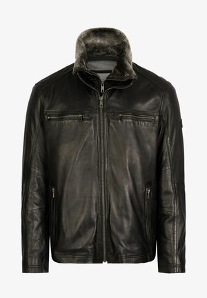 Črna usnjena jakna z visokim ovratnikom in krznom, dvema zadrgama na prsih, stranskima žepoma in gladko teksturo.