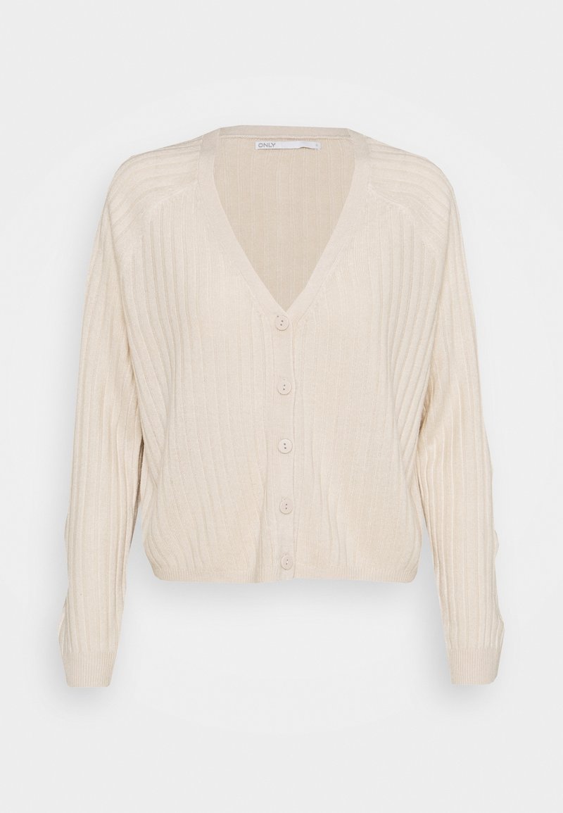 Cardigan en maille côtelée couleur crème avec manches longues, col en V et cinq boutons sur le devant.