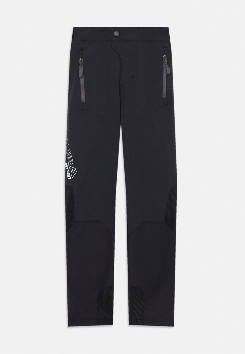 Crne vanjske hlače izrađene od izdržljivog materijala, s dva zip zatvarača na prednjem dijelu, ojačanjima na koljenima i logom na nozi.