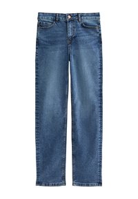 Blå raka denimjeans med knapp och dragkedja fram, två framfickor och femficksdesign.