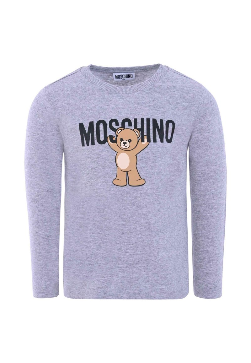Felpa grigia a maniche lunghe con una grafica centrale che raffigura un orso con le braccia alzate, con il testo nero "MOSCHINO" sopra il design. Realizzata in morbido cotone.