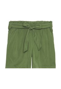 Zelené krátké kalhoty vyrobené z měkké tkaniny, s elastickým pasem, přední mašlí a uvolněným střihem.