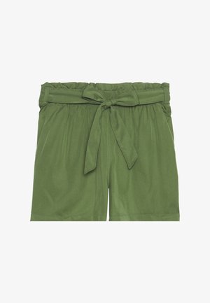Shorts verts en tissu doux, dotés d'une taille élastique, d'un nœud papillon à l'avant et d'une coupe décontractée.