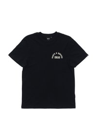 Black cotton T-shirt with short sleeves, featuring white text "PARTS & SERVICE" and "DEUS" in an arch above the left chest area.