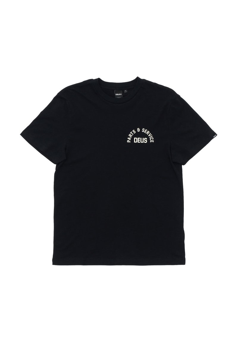 Black cotton T-shirt with short sleeves, featuring white text "PARTS & SERVICE" and "DEUS" in an arch above the left chest area.