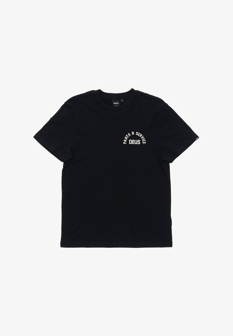 Black cotton T-shirt with short sleeves, featuring white text "PARTS & SERVICE" and "DEUS" in an arch above the left chest area.