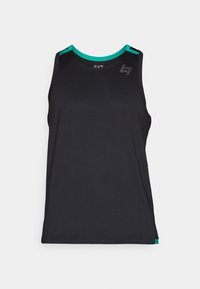 Camiseta sin mangas deportiva negra con un tejido texturizado, acentos turquesa en el escote y los lados, con una sutil marca en el pecho.