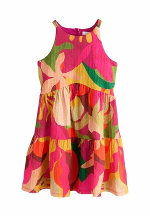 Värikäs hihaton mekko, jossa on kukkakuviointi vaaleanpunaisena, vihreänä ja keltaisena. Kangas on teksturoitu ja rypytty, ja mekossa on kerroksittainen muotoilu.