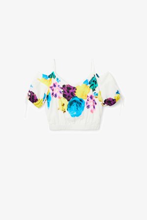 Gėlių trumpas viršus su baltu fonu, ryškiomis daugiakolorėmis gėlėmis, trumpomis pūstomis rankovėmis ir elastiniu apačiu, užtikrinančiu tvirtą prisitaikymą.