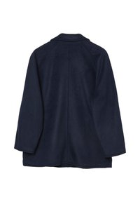 Manteau en laine bleu marine avec un col, des manches raglan et une finition texturée. Présente une coupe droite et un ourlet lisse en bas.