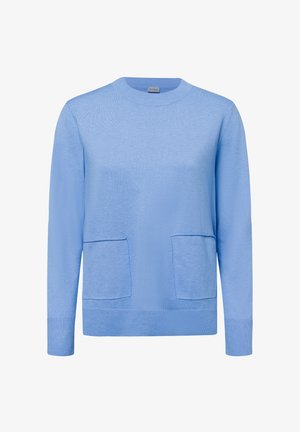 Helles blaues Sweatshirt mit langen Ärmeln, Rundhalsausschnitt, zwei vorderen Taschen und gerippten Bündchen. Weiche Textur mit glatter Oberfläche.