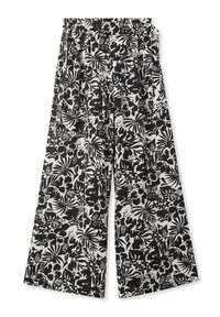 Pantaloni larghi in bianco e nero con vita elastica, caratterizzati da un motivo floreale e foglie su tutta la superficie. Tessuto morbido, vestibilità ampia.