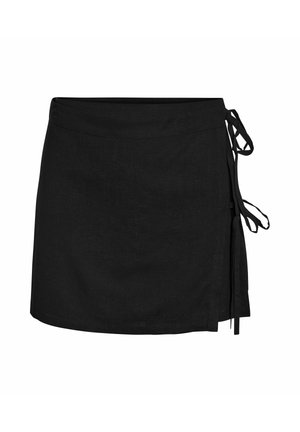 Jupe portefeuille noire avec liens latéraux, ourlet droit et tissu lisse, présentée sur un fond blanc.