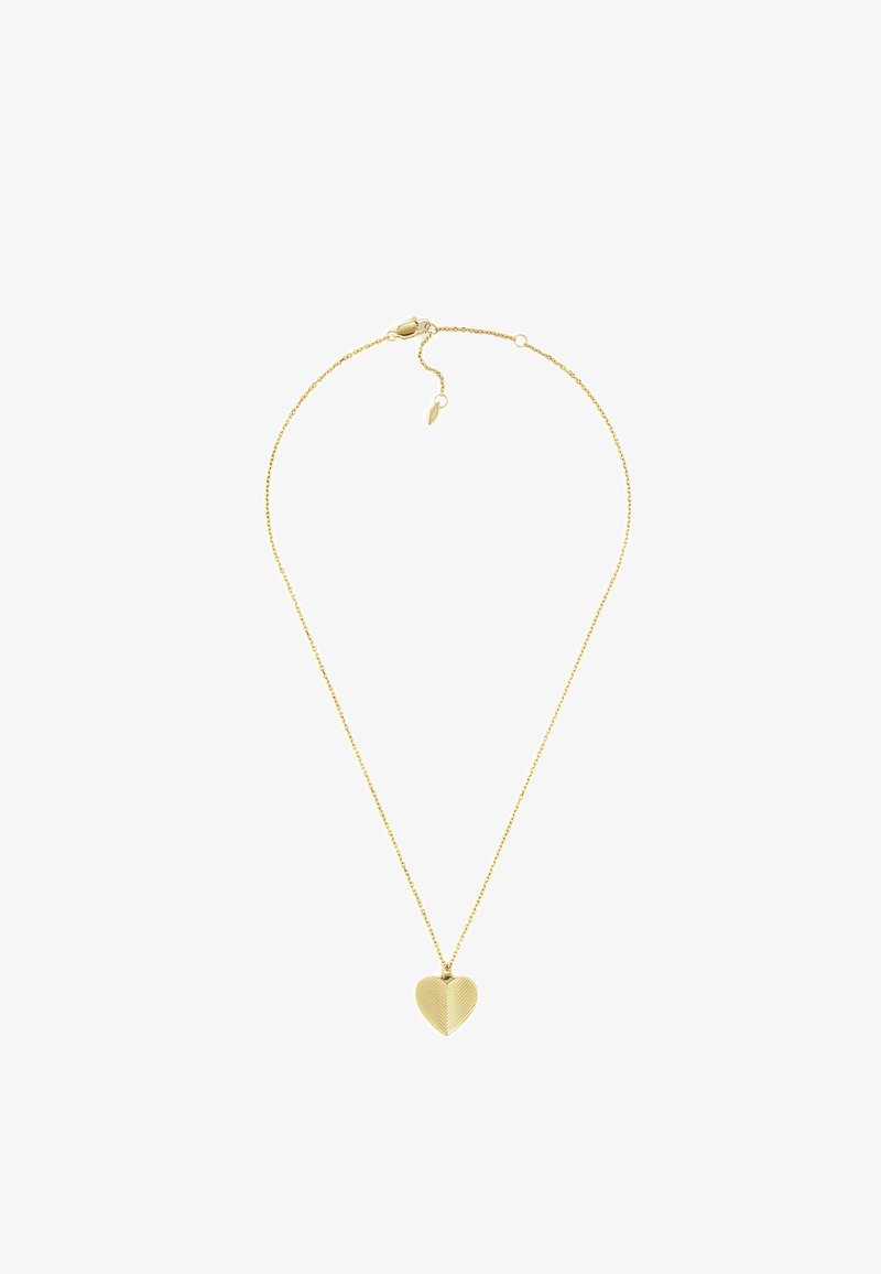 Delicata collana a catena dorata con un ciondolo a forma di cuore texturizzato e un moschettone con estensione regolabile.