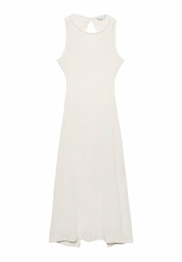 Robe midi sans manches en blanc cassé avec une finition texturée. Présente un détail de dos en clé et une coupe droite, s'évasant légèrement au niveau de l'ourlet.