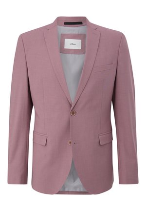 Blazer rose clair en tissu doux, doté de deux boutons, d'un col cranté et d'une poche poitrine avec une doublure grise contrastante.
