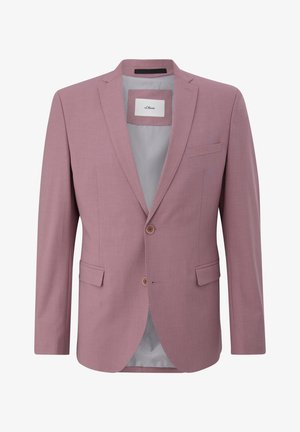 Jasnoróżowy żakiet wykonany z gładkiego materiału, z dwoma guzikami, klapami oraz kieszenią na piersi z kontrastowym szarym wykończeniem.